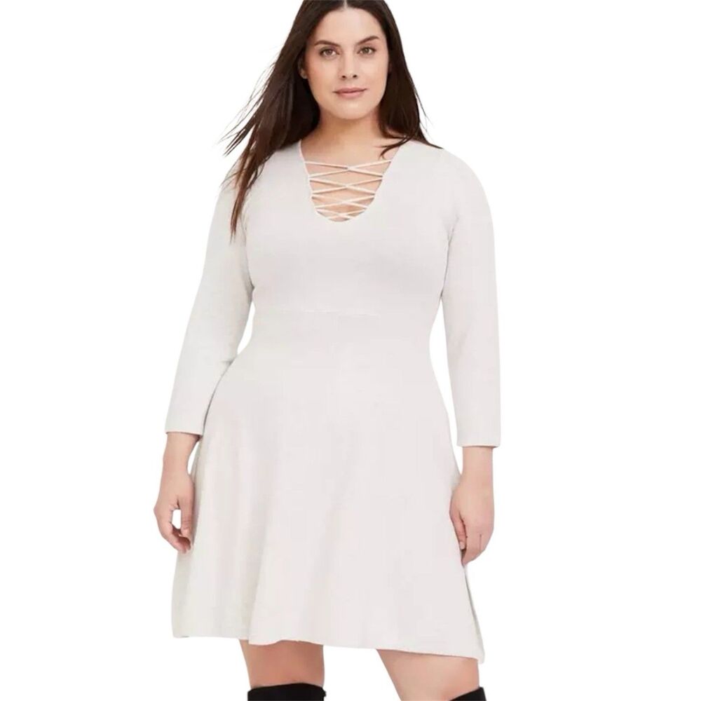 Torrid Sweater Dress 4X Oatmeal Heather Cross Front Skater Mini Preppy Autumn